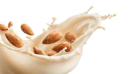 Fresh almonds splashing into creamy almond milk, dynamic motion capture isolated on white background for healthy beverage and dairy alternative concepts

