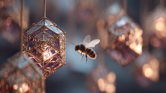 A delicate bumblebee hovering over glowing geometric honeycomb structures with a medicinal aura.