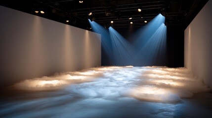 Dramatic stage scene with white fog, intense spotlight beams, and drifting smoke creating a moody atmosphere for performance or showcase with copy space