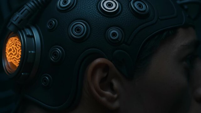 Brain innovation bio engineering technology with futuristic neural interface headset featuring glowing brain circuit and advanced neural interface