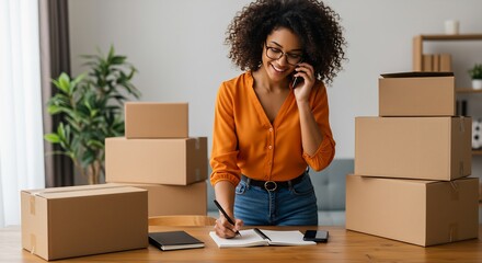 Happy African American woman packing boxes, talking on the phone, and organizing a move, relocation or shipment in her home, concept of small business owner or entrepreneur.