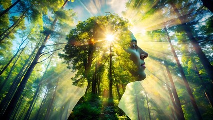 Obraz premium Surreal double exposure merges a human profile with a vibrant sunlit forest symbolizing nature s profound connection to consciousness and inner peace