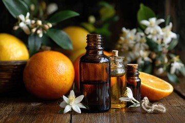 Amber glass bottles of citrus essential oil sit amongst ripe oranges and blossoms on a rustic wooden surface
