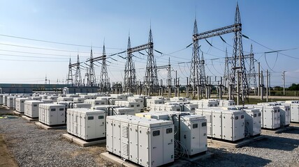 Modern electrical substation featuring rows of battery energy storage systems and high voltage power transmission infrastructure under a clear sky