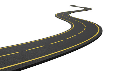 Photorealistic, minimalist asphalt road with crisp yellow solid and distinct white dashed lines, isolated on a stark white studio background, symbolizing strategic progress concept