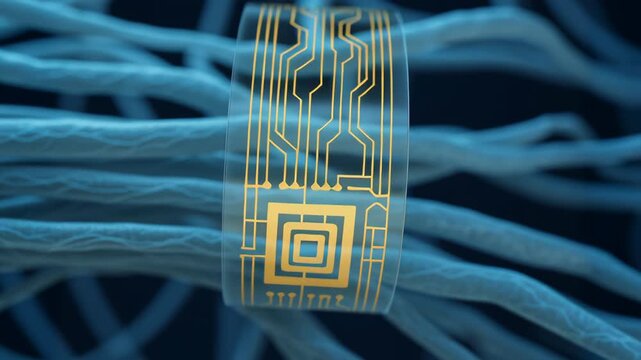 Flexible electronic circuit with gold pattern wrapped around fiber strands representing bio engineering innovation medical technology and neural