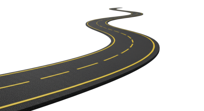 Photorealistic, minimalist asphalt road with crisp yellow solid and distinct white dashed lines, isolated on a stark white studio background, symbolizing strategic progress concept