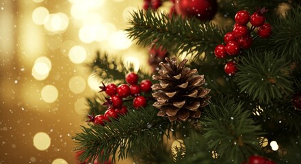 Festive Christmas tree adorned with bright red berries and a pine cone, set against a backdrop of sparkling golden lights.