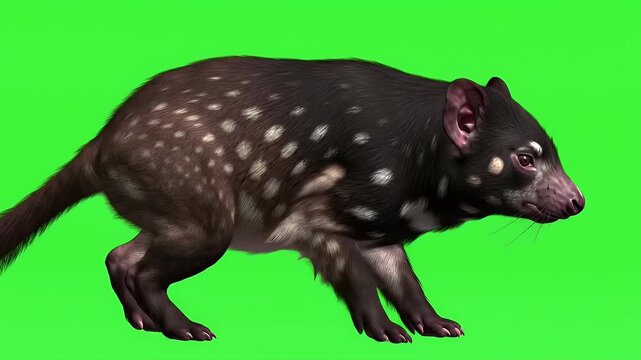 Digitally Rendered Spotted Marsupial Walking on Green Screen - Australian Native Animal Illustration with White Spots for Easy Compositing