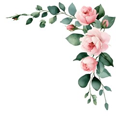 Watercolor floral arrangement with pink roses and foliage isolated on a white background