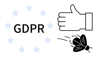 GDPR text surrounded by stars, a thumbs-up, and a bug symbolizing approval and error management. Ideal for privacy policies, data protection, compliance, cybersecurity, user consent, legal topics