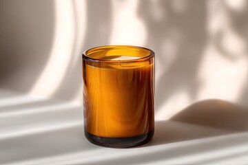Amber glass candle, full of golden wax, sits on a white surface, bathed in soft, dappled sunlight casting shadows