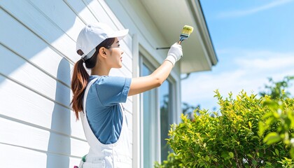 Skilled artisan carefully painting house exterior on a bright sunny day with blue sky