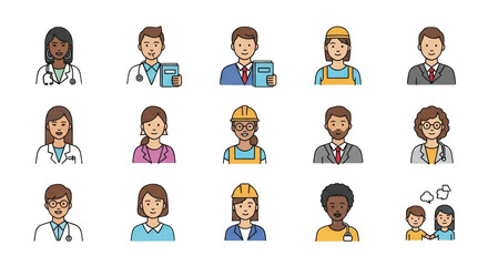 Diverse Professionals and Workers Icon Set people profession worker job career occupation diversity collection illustration graphic design flat professional business