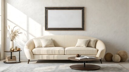 Elegant living room with cream sofa and decorative mirror