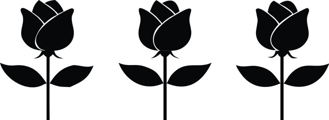 Set of decorative rose with leaves. Flower silhouette vector art illustration.