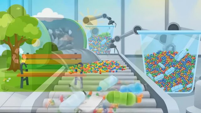 Recycling Process Animation: Waste to New Products - A vibrant animation depicts the journey of waste materials through a recycling facility.