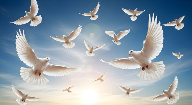 A Serene Flock of White Doves Soaring Gracefully Through a Radiant Blue Sky, Symbolizing Peace, Freedom, and Hope at Sunrise or Sunset.