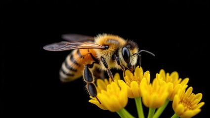 Close up of a honeybee collecting nectar from bright yellow flowers