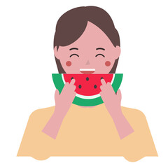 スイカをかじる女性。スイカを食べる。ベクターイラスト