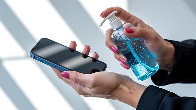 Close up of a person cleaning their smartphone screen with blue hand sanitizer gel for hygiene and protection