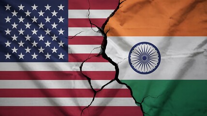 Cracked united states and india flags symbolize a rift or division in the relationship between the two nations