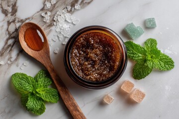 Amber jar of brown sugar scrub, sea salt, honey, and mint leaves on marble.  Candied cubes also present