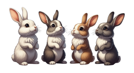 Four Adorable Cartoon Rabbits Standing Together rabbit bunny cute animal pet mammal rodent lagomorph furry soft sweet charming illustration drawing
