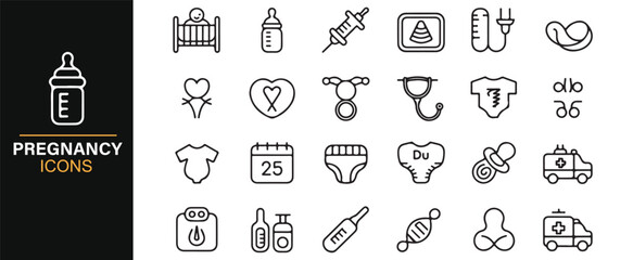 Minimalist Pregnancy Icons Set Including Baby Clothes, Thermometers, and Milestones