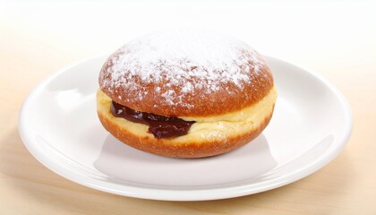 Delicious powdered sugar donut filled with rich chocolate on a white plate
