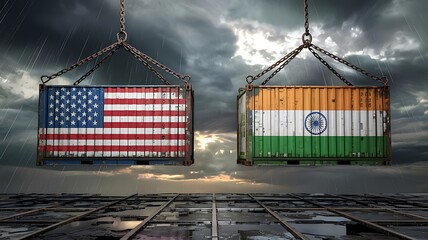 Two shipping containers one with the american flag and the other with the indian flag suspended by cranes against a dramatic stormy sky