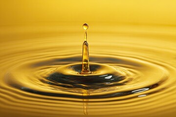 Amber liquid droplet impacting a surface, creating concentric ripples and a central column