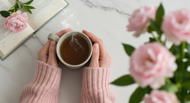 Woman enjoys steaming tea with open book and pink flowers on marble table in cozy and relaxing setting
