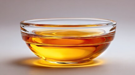 Amber liquid fills a clear glass bowl, subtly illuminated from below, showing its viscous texture and slight undulation