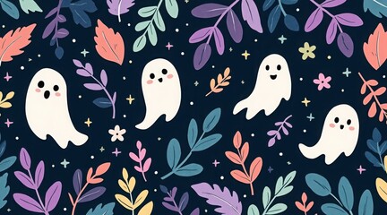 Seamless halloween pattern with ghosts, leaves and flowers on dark background