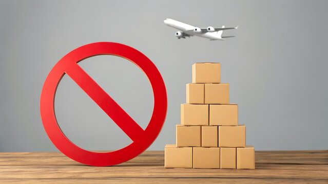Air Shipping Ban &ndash; Transportation Restriction, Logistics Halt, Export Control Concept, Abstract, Cardboard Boxes Pyramid, Airplane, Red Prohibition Sign
