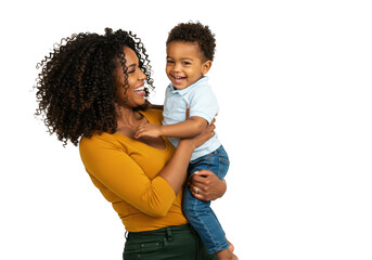 Happy mother holding her smiling baby boy isolated on transparent background