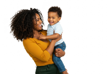 Happy mother holding her smiling baby boy isolated on transparent background