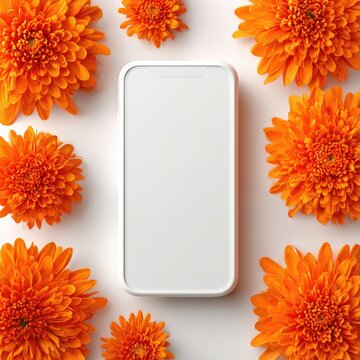 White smartphone framed by vibrant orange chrysanthemum flowers on a white background.  A top-down, flat lay composition