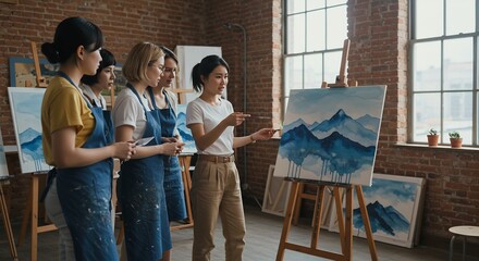 Asian Female Artist Instructing Painting Students in a Brick-Walled Studio with Watercolors and Easels