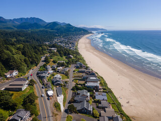 Aerial landscape of Haystack Rock formation on Cannon Beach Oregon Coast Pacific Northwest
