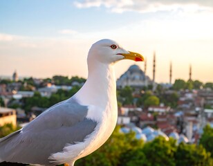 Obraz premium A seagull gazes at a cityscape sunset