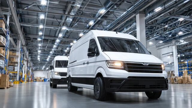 A sleek warehouse aisle showcases gleaming white delivery vans poised for dispatch under uniform ceiling lights.
