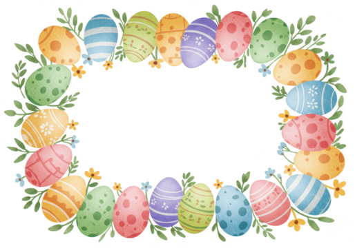 Colorful easter eggs floral wreath border for spring holiday isolated on transparent background
