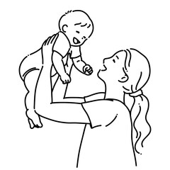 赤ちゃんを抱き上げる女性　線画