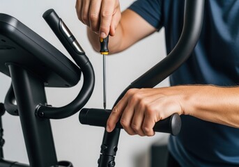 A person is assembling or repairing a piece of exercise equipment with a screwdriver