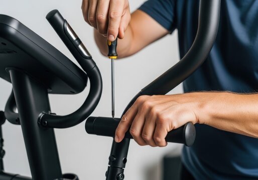 A person is assembling or repairing a piece of exercise equipment with a screwdriver