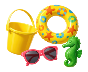 Colorful beach toys with a yellow bucket, inflatable ring, green seahorse, and pink sunglasses.