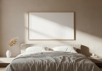 Bedroom interior with bed pillows and lamp in a comfortable home setting