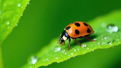 Obraz premium Ladybug with water droplets on green leaf macro photography